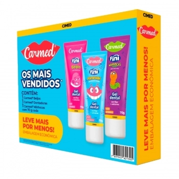 CIMED CARMED GEL DENTAL C/FLUOR 70G KIT C/3 BEIJOS+DENTADURAS+MINHOCAS